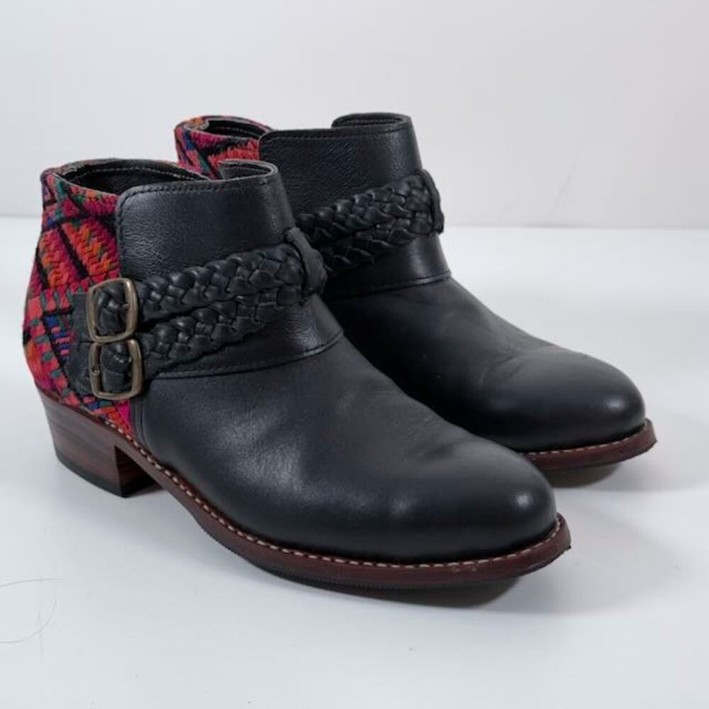 Amara Collective Women's Black Leather & Woven Textile Ankle Boot - Size 7.5